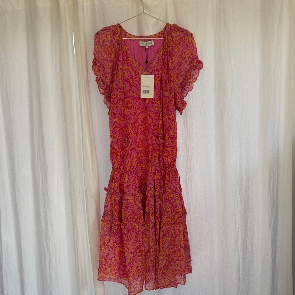 NWT Hale Bob drop waist Pink & Orange Floral chiffon Midi Dress
